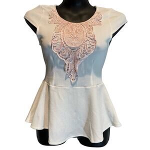 Must Have Brand White Peplum Top With Pink Appliqué - Size Small
